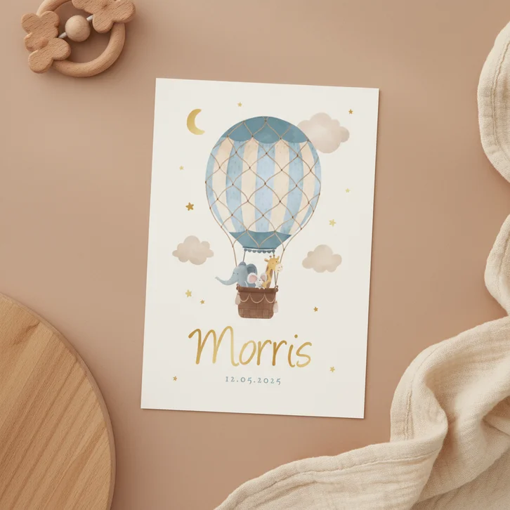 Geboortekaartje blauwe luchtballon dieren vintage sterren
