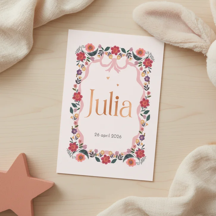 Geboortekaartje bloemen en roze strik