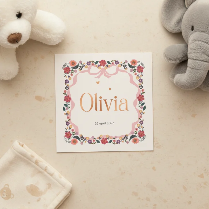 Geboortekaartje bloemen en roze strik vierkant