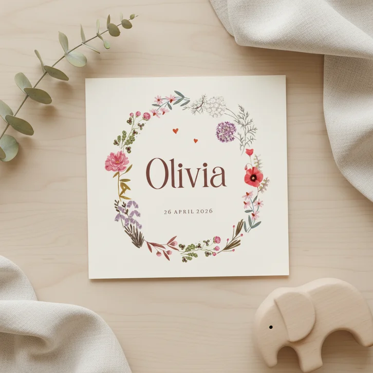 Geboortekaartje bloemen krans rond