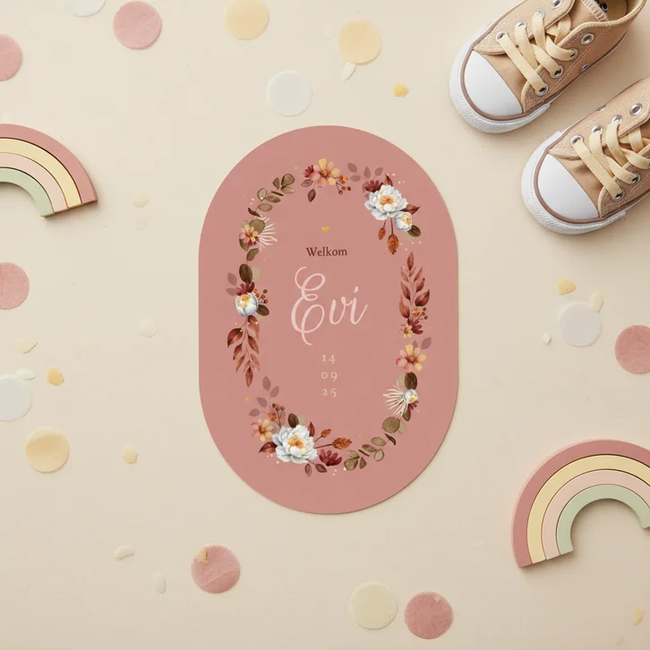 Geboortekaartje bloemen oudroze goud stijlvol ovaal