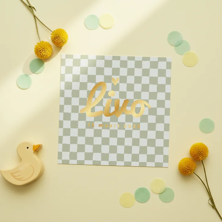 Geboortekaartje blokjes ruitjes hip goud stoer groen