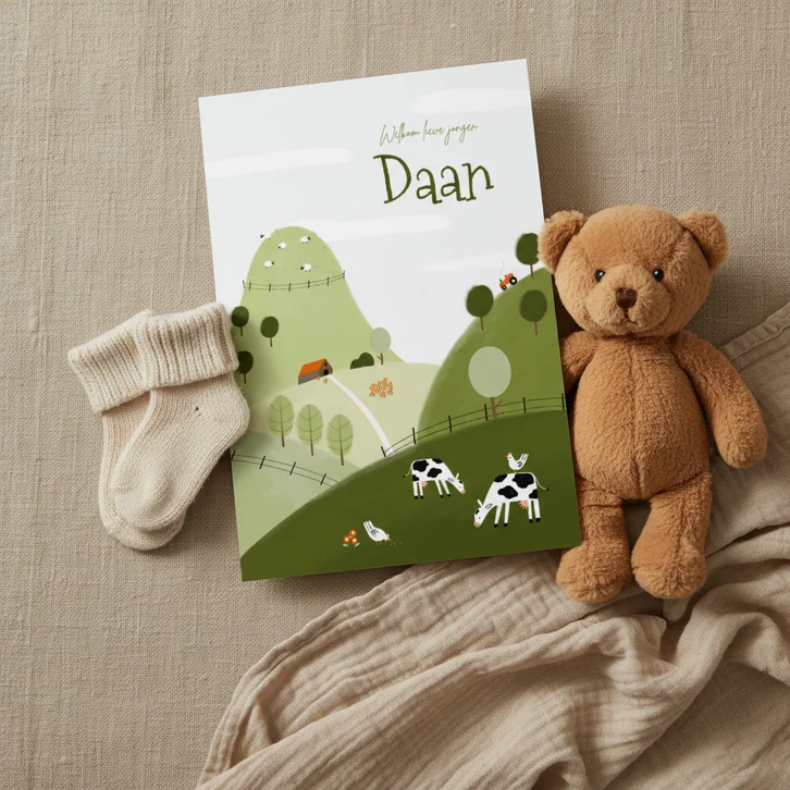 Geboortekaartje boerderij koe schaap kip heuvels 