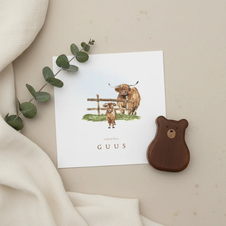 Geboortekaartje boerderij met een koe met kleintje