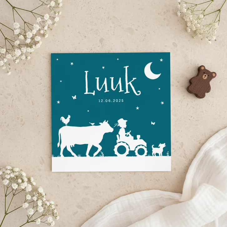 Geboortekaartje boerderij tractor dieren silhouet maan