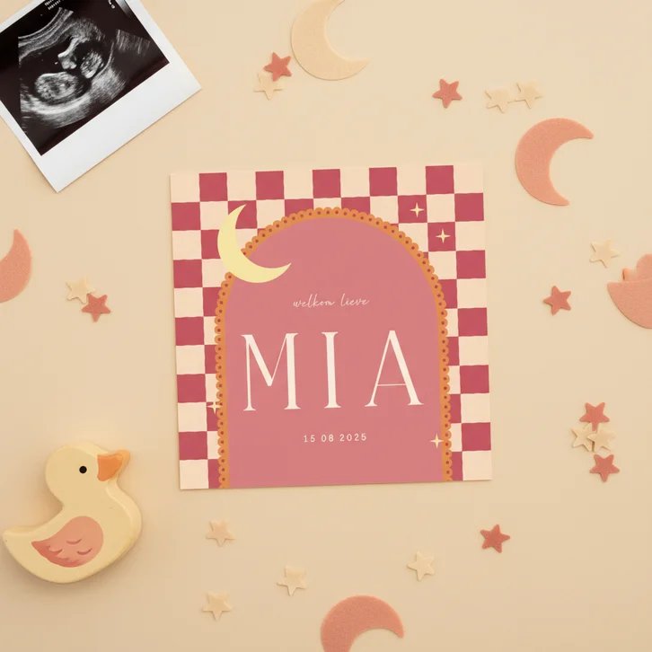 Geboortekaartje boog roze oranje ruitjes met maan
