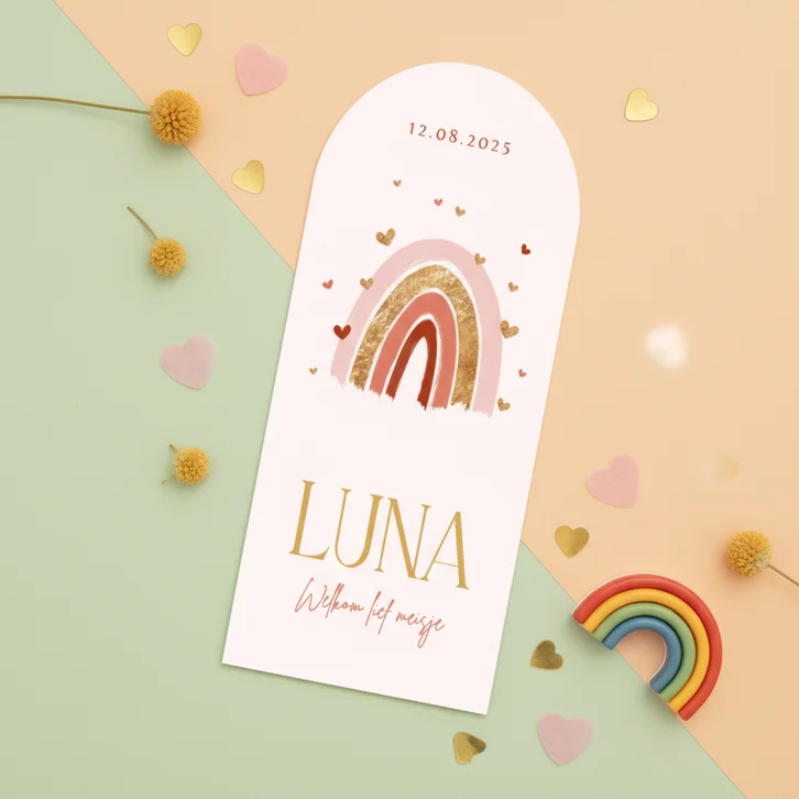 Geboortekaartje boogkaart regenboog roze hartjes goud
