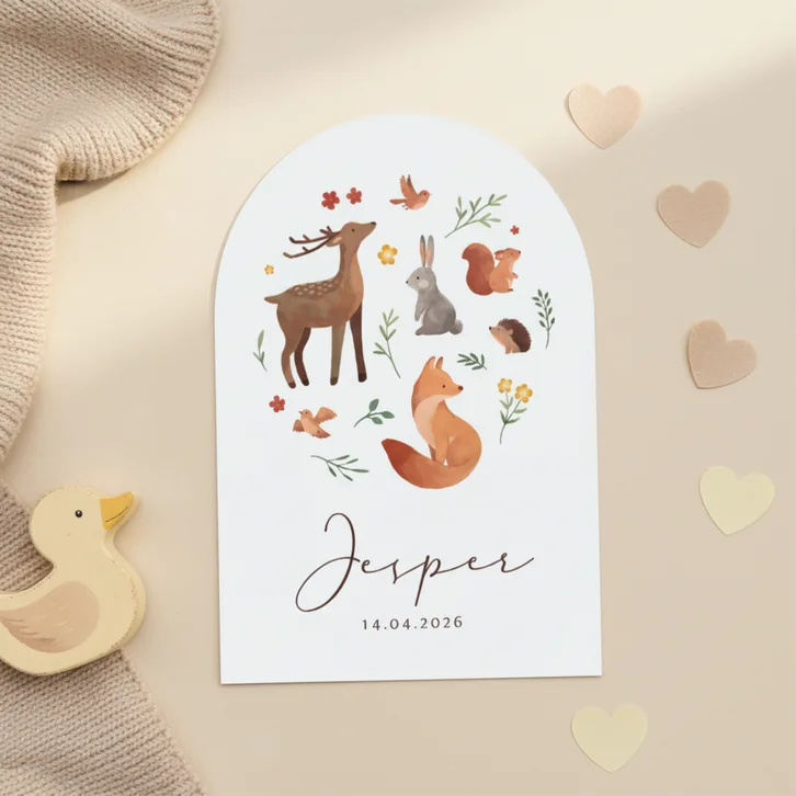 Geboortekaartje boogvorm dieren lente bloemen lief