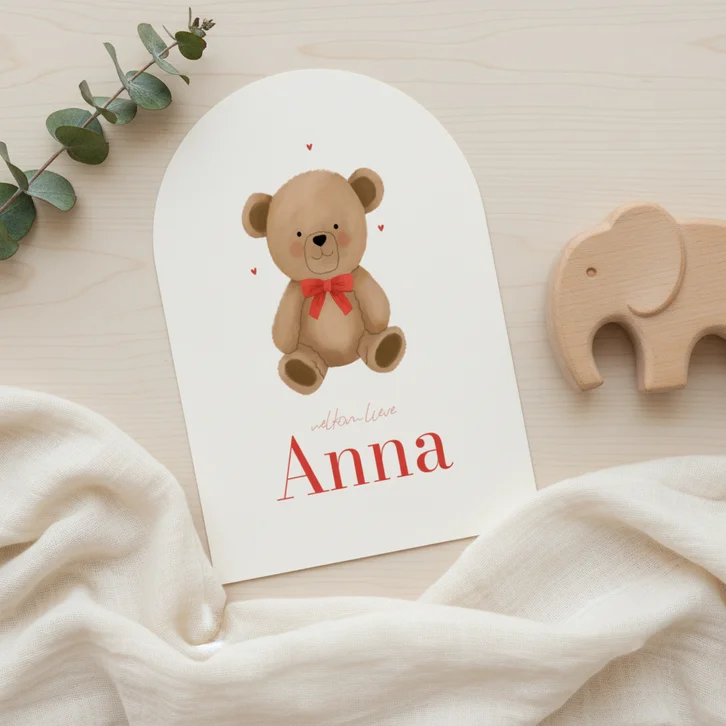 Geboortekaartje boogvorm teddybeer met strik hartjes roze