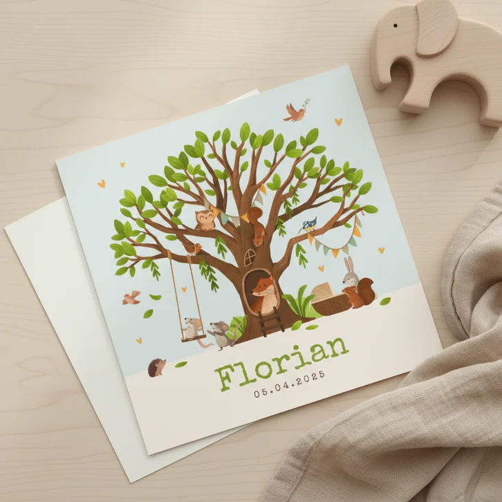Geboortekaartje boom bosdieren wiegje hartjes lente zomer