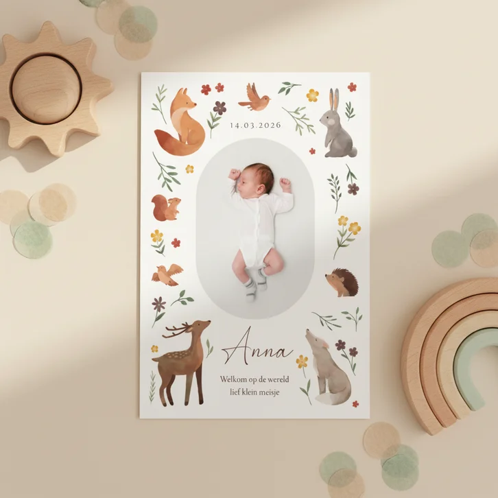  Geboortekaartje bosdieren bloemen natuur kader foto