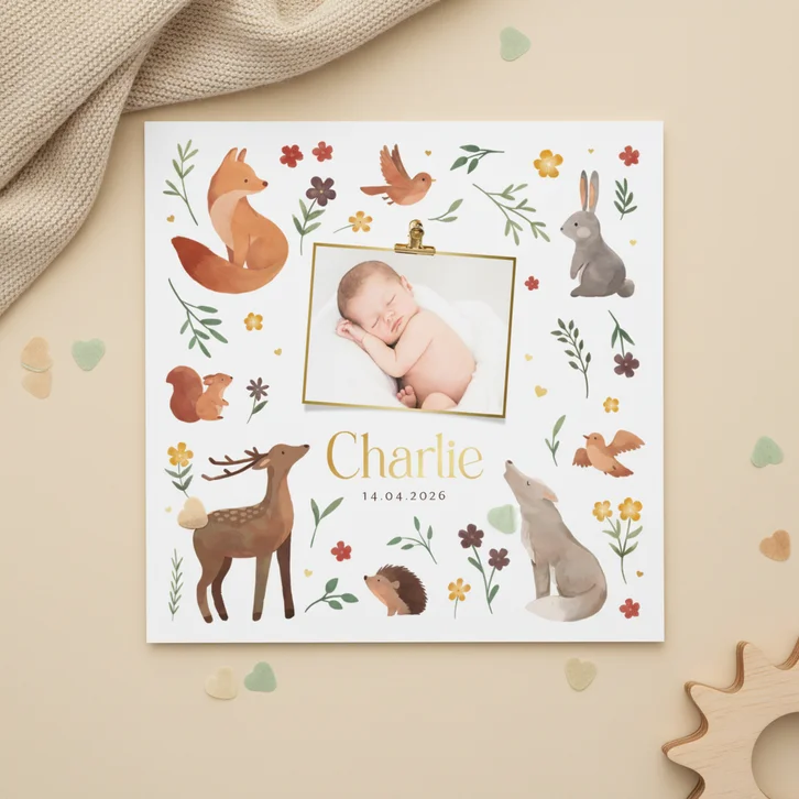 Geboortekaartje bosdieren bloemetjes natuur foto