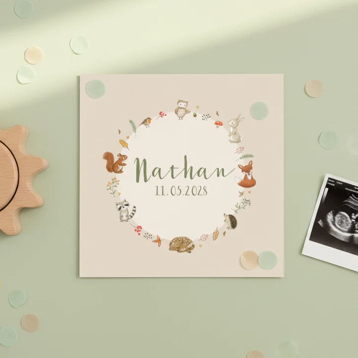 Geboortekaartje - bosdieren in cirkel jongen
