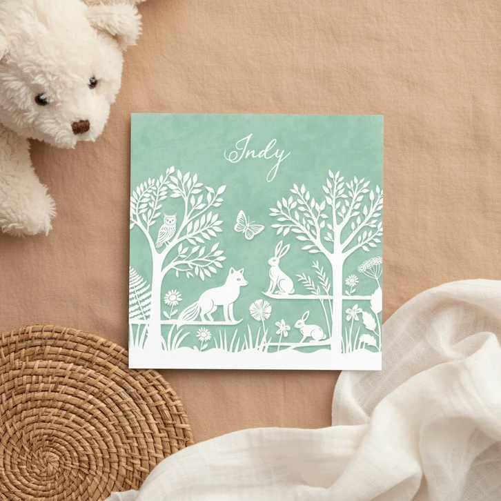 Geboortekaartje bosdieren papierknipkunst groen