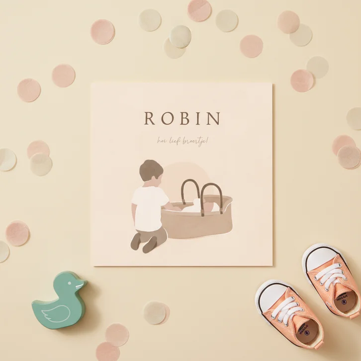 Geboortekaartje broer met illustratie baby in mandje