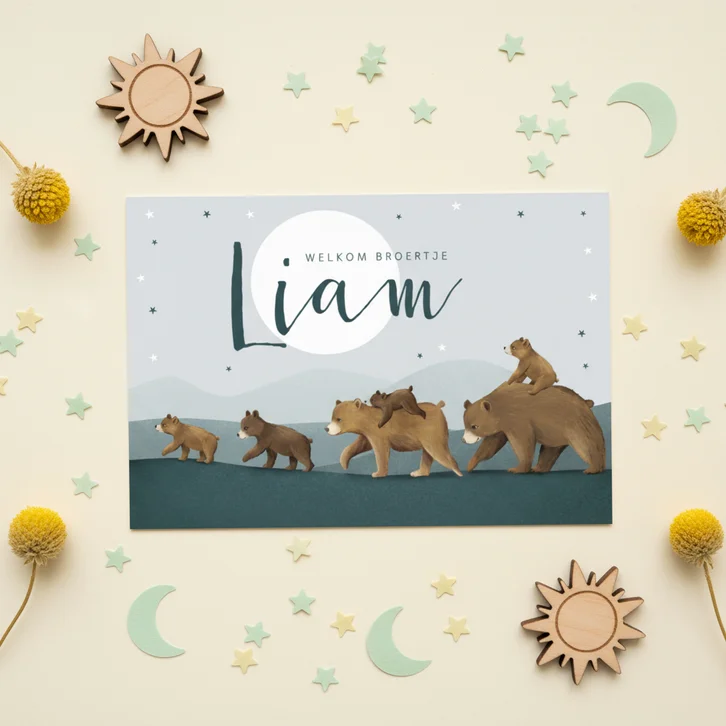 Geboortekaartje broertje dieren beren familie sterren maan