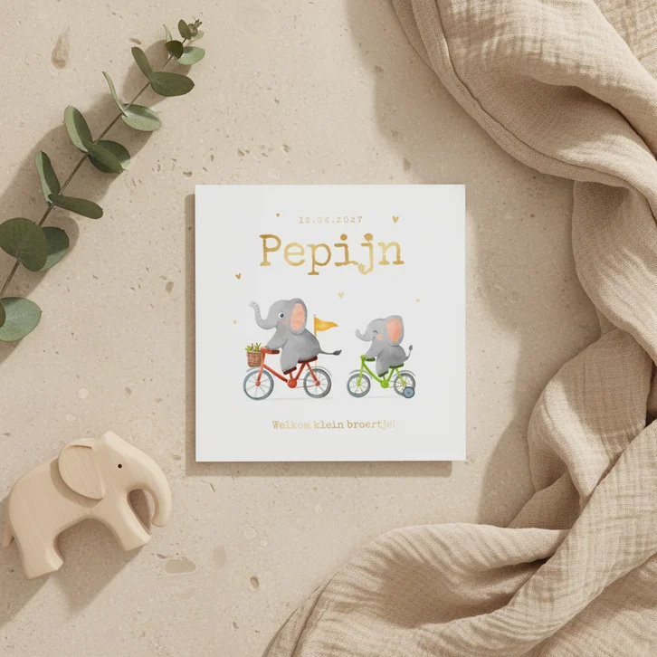 Geboortekaartje broertje hartjes goud olifantjes