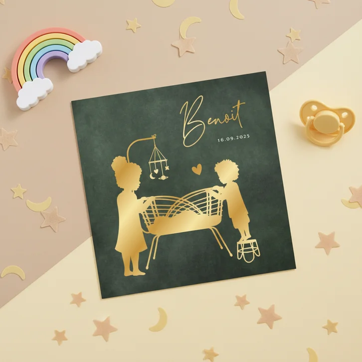 Geboortekaartje broertje in wieg broer en zus met krullen