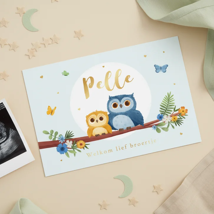 Geboortekaartje broertje lente uiltjes boom vlinders hartjes