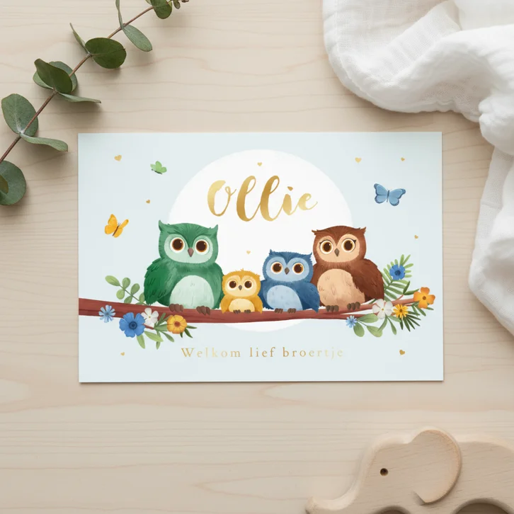 Geboortekaartje broertje lief uiltjes boom vlinders hartjes