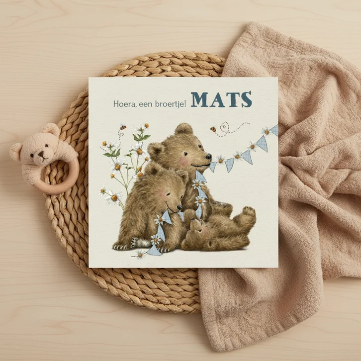 Geboortekaartje broertje met beertjes tussen de bloemen