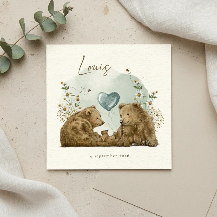 Geboortekaartje broertje met beren familie tussen de bloemen