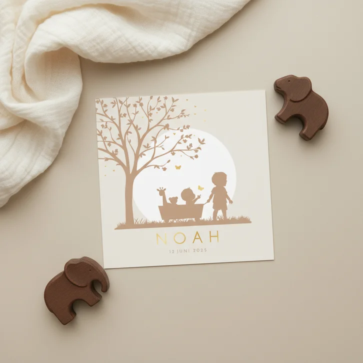 Geboortekaartje broertje met kindje in kar en boom