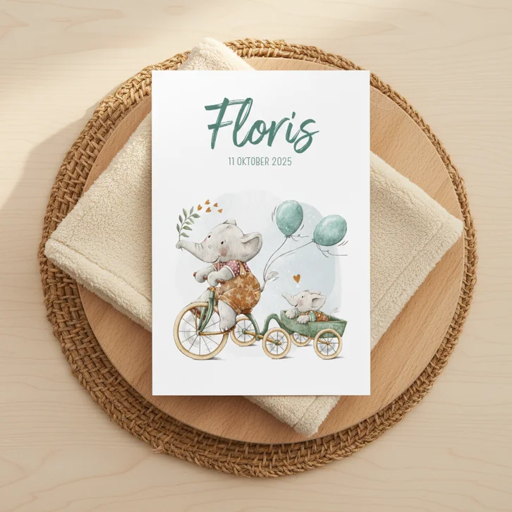 Geboortekaartje broertje met olifantjes op de fiets