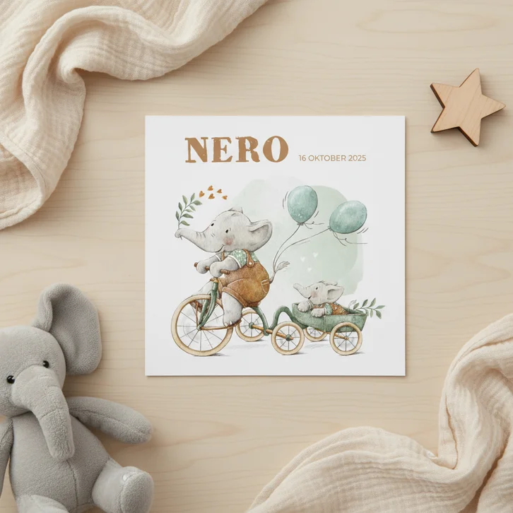 Geboortekaartje broertje met twee olifantjes op de fiets