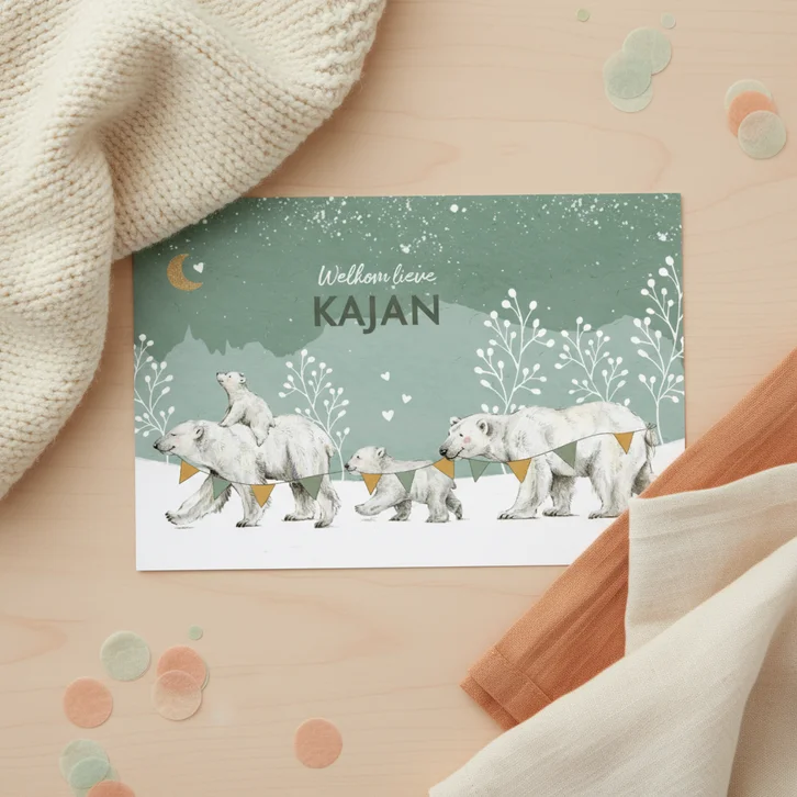 Geboortekaartje broertje of zusje met ijsberen familie