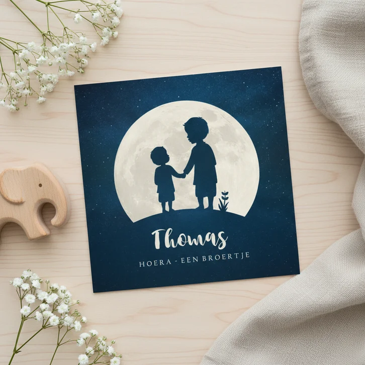 Geboortekaartje broertje silhouet hand in hand met maan