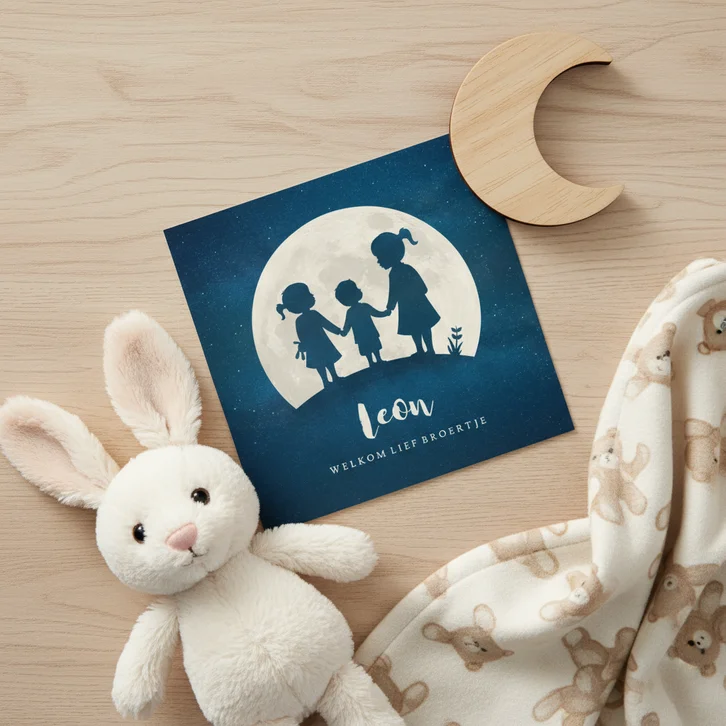 Geboortekaartje broertje silhouet met zussen in volle maan