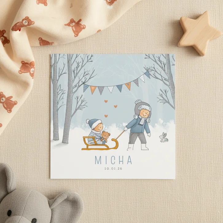 Geboortekaartje broertje trekt slee met baby jongen 