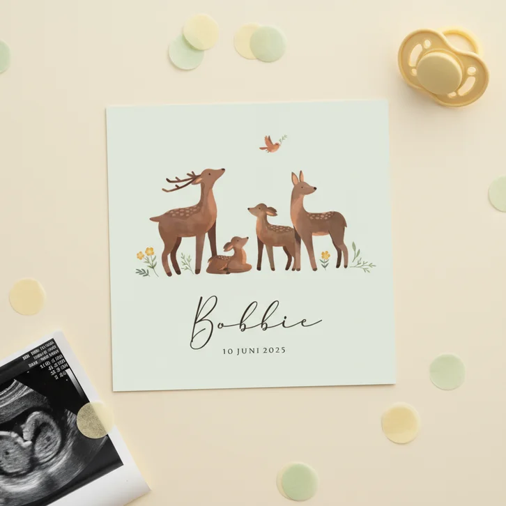 Geboortekaartje broertje zusje hertjes unisex bloemetjes