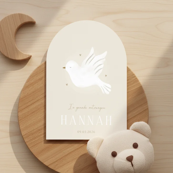 Geboortekaartje christelijk duif hartjes neutraal boogvorm