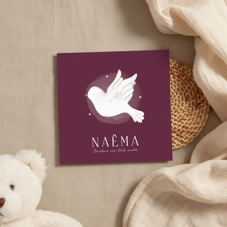 Geboortekaartje christelijk duifje en kleine hartjes