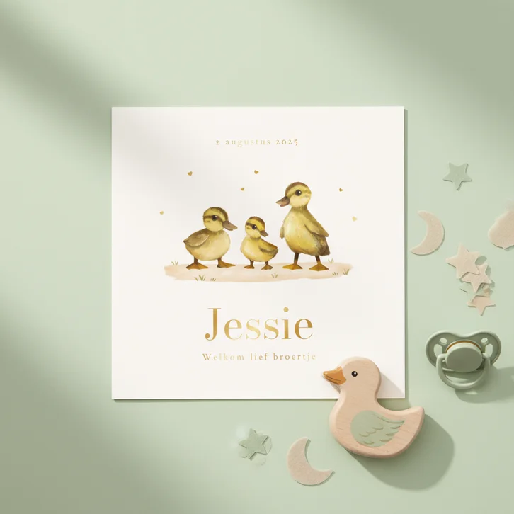 Geboortekaartje derde kindje eendjes lief goud hartjes