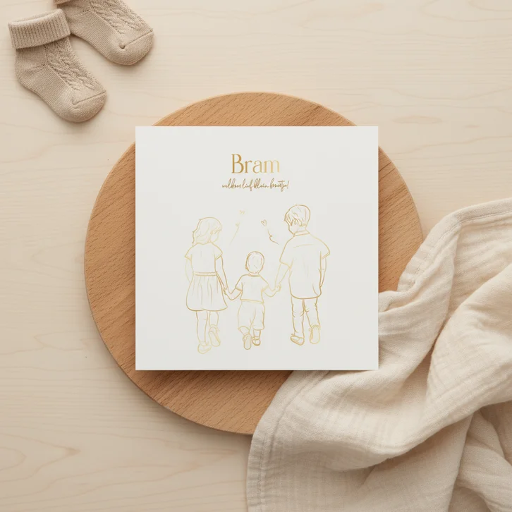 Geboortekaartje derde kindje jongen met gouden illustratie