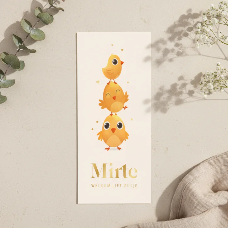 Geboortekaartje derde kindje kuikens dieren lente hartjes