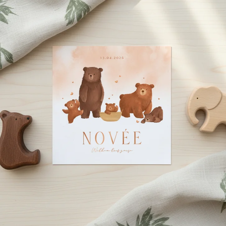 Geboortekaartje derde kindje zusje beren familie waterverf