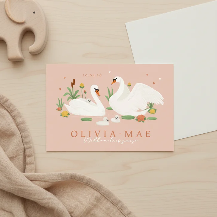 Geboortekaartje derde kindje zwanen lief lente zusje