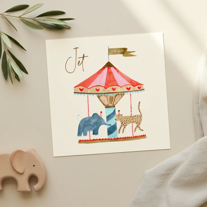 Geboortekaartje dieren carrousel olifant hartjes