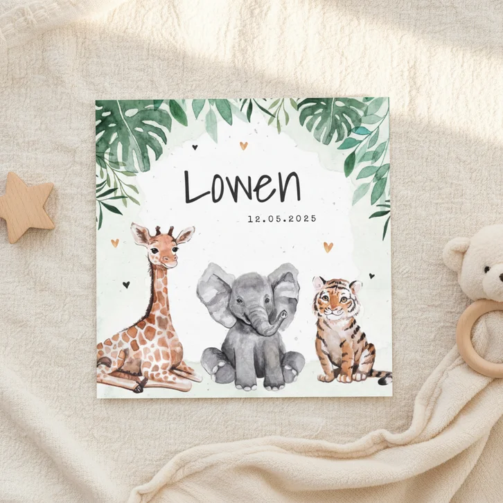 Geboortekaartje dieren jungle giraf olifant tijger waterverf