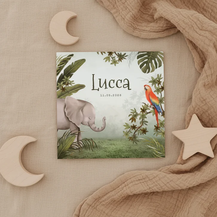 Geboortekaartje dieren jungle olifant papegaai 