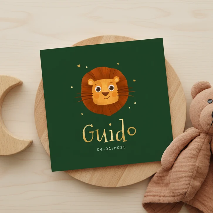 Geboortekaartje dieren leeuw jungle groen hartjes goud