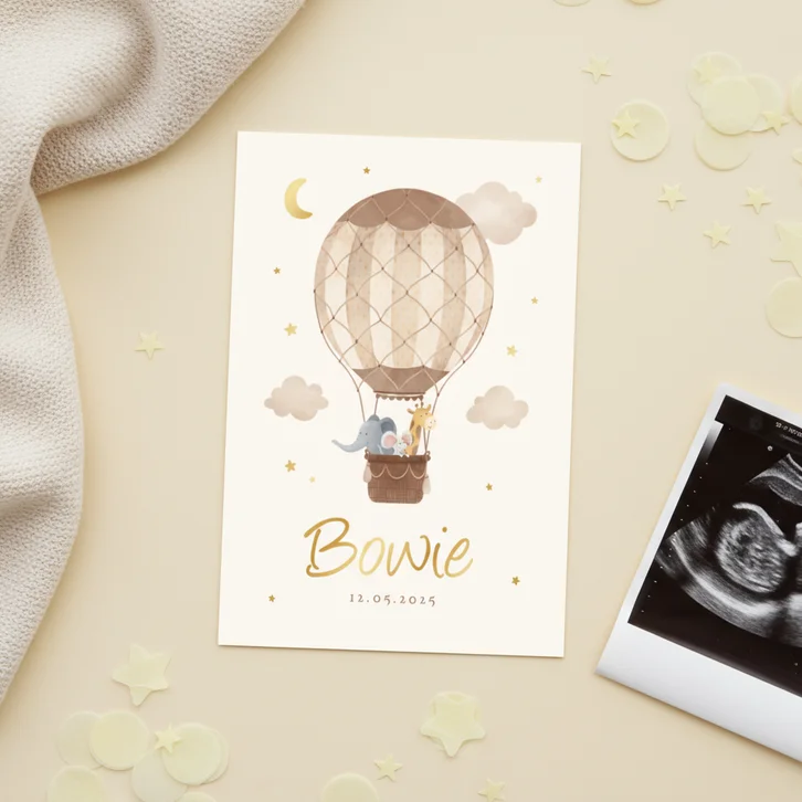 Geboortekaartje dieren luchtballon vintage wolkjes sterren