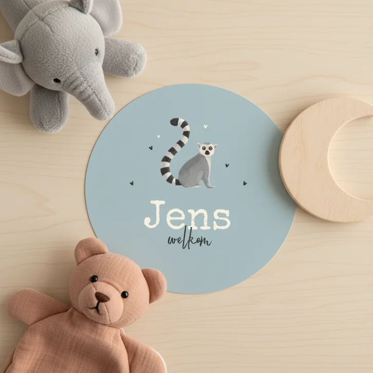 Geboortekaartje dieren maki stoer lief origineel cirkelvorm