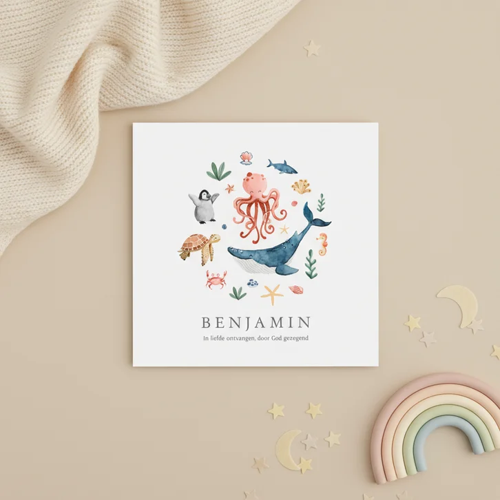 Geboortekaartje dieren oceaan walvis pinguïn octopus