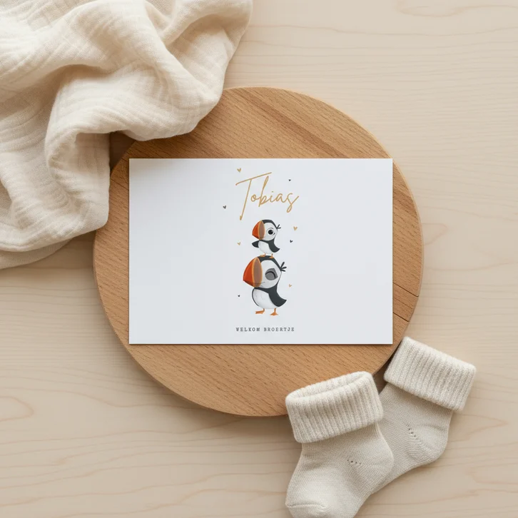 Geboortekaartje dieren papegaaiduiker hartjes broertje