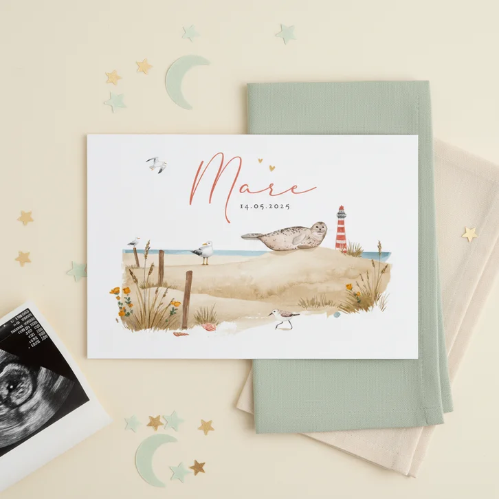  Geboortekaartje dieren strand zee vogels schelpen vuurtoren